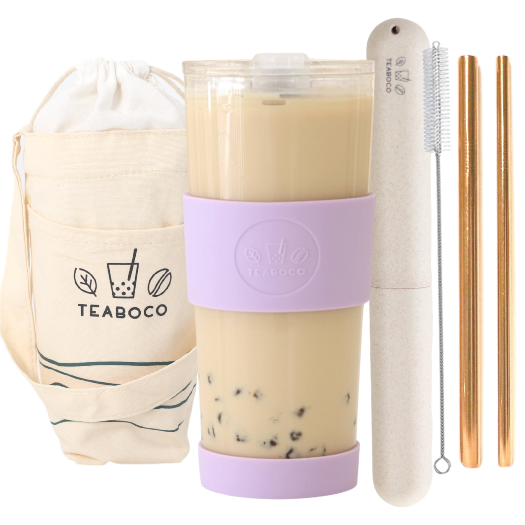EleBoba Reusable Boba Cup with Lid and Straws - Leak Proof Tumbler for Bubble Tea and Smoothies - 24oz/700ml - Carry Pouch, Stickers, 2x Straws