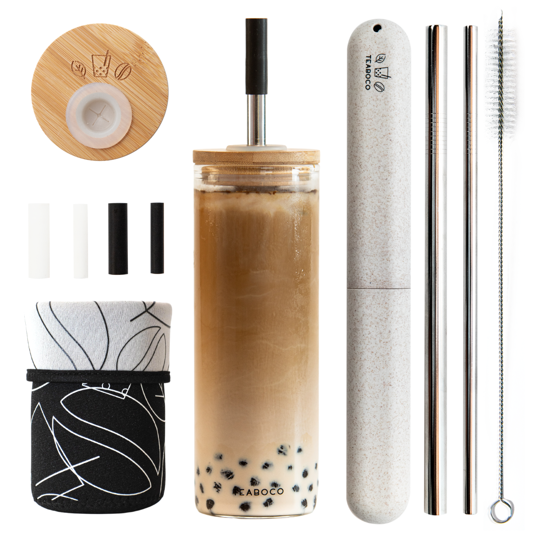 6 Pack Glass Cups Set - Glass Cups with Bamboo Lids and Glass Straw - Cute  Boba Drinking Glasses, Reusable Travel Tumbler Bottle for Iced Coffee