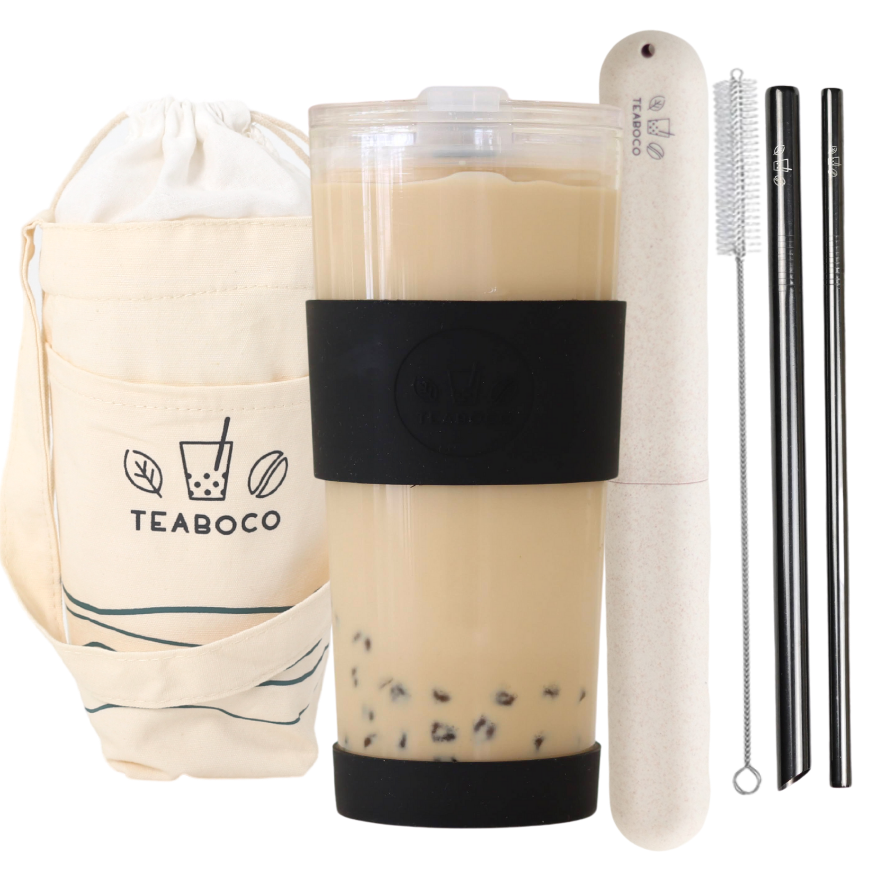 EleBoba Reusable Boba Cup with Lid and Straws - Leak Proof  Tumbler for Bubble Tea and Smoothies - 24oz/700ml - Carry Pouch, Stickers,  2x Straws, Cleaning Brush, Cute Boba Cup