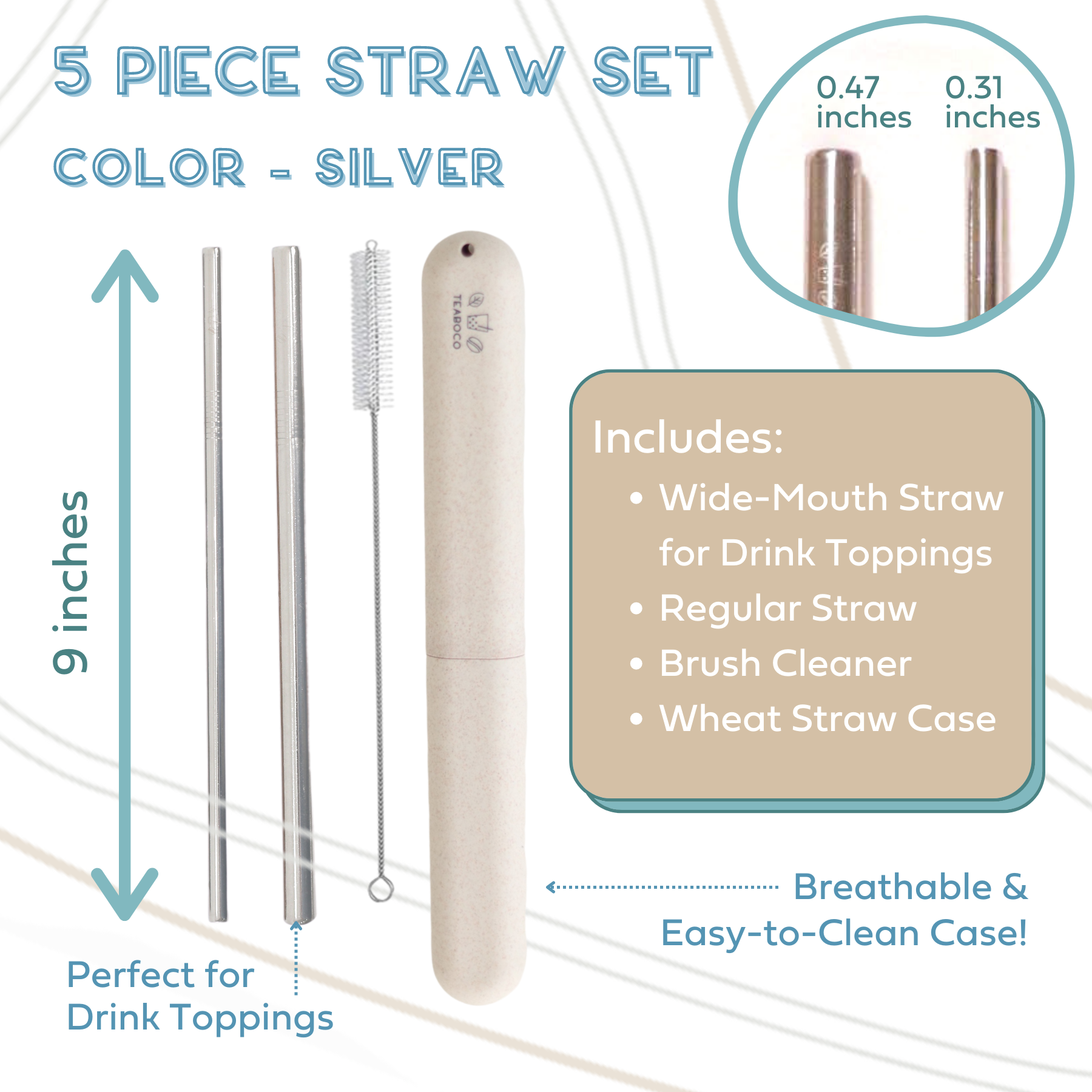 5-Piece Straw Set with Solid Reusable Case - Teaboco
